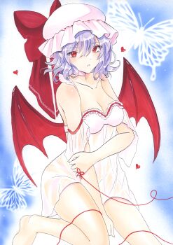 1girl absurdres babydoll bare_shoulders bat_wings blue_background blue_hair bow breasts bug butterfly cleavage collarbone commentary_request foot_out_of_frame hat hat_bow heart highres insect light_blush lingerie medium_breasts mob_cap no_panties parted_lips pink_babydoll pink_hat red_bow red_eyes red_wings remilia_scarlet see-through_clothes slit_pupils solo string string_of_fate thighs touhou underwear white_butterfly wings yamiichif