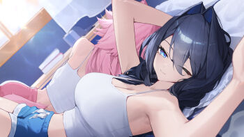 2girls ;) absurdres animal_ears armpits black_hair blue_eyes blue_shorts breasts camisole cleavage closed_mouth commentary crop_top day english_commentary hair_intakes highres hololive hololive_english indoors large_breasts long_hair looking_at_viewer lying midriff multiple_girls navel on_back on_bed one_eye_closed ouro_kronii panther_ears panther_girl panther_tail pillow pink_hair pink_shorts puffy_short_sleeves puffy_sleeves raora_panthera short_shorts short_sleeves shorts smile tail virtual_youtuber white_camisole yoellim5