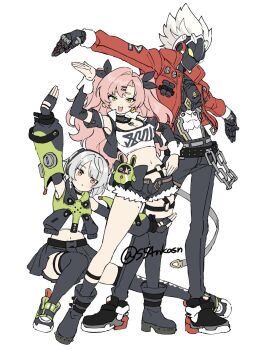 1boy 2girls amillion_(zenless_zone_zero) anby_demara belt billy_kid black_gloves black_skirt black_thighhighs boots braid breasts chain commentary_request detached_sleeves earrings fingerless_gloves gloves green_eyes grey_hair highres jacket jewelry long_hair medium_breasts miniskirt mole mole_on_breast mole_on_thigh multiple_girls nicole_demara open_mouth pants parody pink_hair purple_eyes red_jacket robot_boy s54nkasn short_hair short_shorts shorts side_braid simple_background single_thighhigh skirt soul_eater spiked_hair standing thigh_strap thighhighs twitter_username two_side_up white_hair zenless_zone_zero