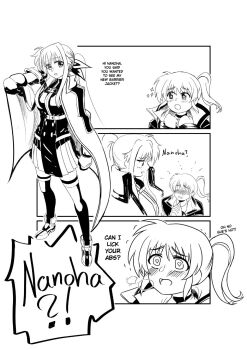 2girls blush fate_testarossa heart heart-shaped_pupils highres long_hair lyrical_nanoha magical_girl mahou_shoujo_lyrical_nanoha_exceeds:_gun_blaze_vengeance monochrome multiple_girls sha-y sparkle symbol-shaped_pupils takamachi_nanoha yuri