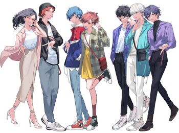 2girls 5boys absurdres alternate_costume amamiya_ren amano_maya bag belt bishounen black_bag black_hair black_hat black_jacket black_pants black_shoes blazer blue_eyes blue_hair blue_shirt breasts brown_bag brown_belt brown_eyes brown_hair bucket_hat casual closed_mouth collared_shirt earrings fanny_pack full_body glasses grey_eyes grey_hair grin hair_between_eyes hair_ornament hairclip hand_in_pocket hat head_tilt high-waist_skirt high_heels highres jacket jacket_on_shoulders jewelry leg_up long_sleeves looking_at_viewer male_focus mnce_o multiple_boys multiple_girls narukami_yu one_eye_closed open_clothes open_jacket open_mouth open_shirt pants partially_unbuttoned persona persona_1 persona_2 persona_2_batsu persona_2_tsumi persona_3 persona_3_portable persona_4 persona_5 pink_jacket plaid_clothes plaid_shirt purple_eyes purple_shirt red_eyes red_lips red_shoes red_socks shiomi_kotone shirt shirt_tucked_in shoes short_hair shoulder_bag simple_background skirt smile sneakers socks standing striped_clothes striped_jacket striped_shirt suou_tatsuya toudou_naoya turtleneck undershirt v vertical-striped_clothes vertical-striped_jacket w white_background white_pants white_shirt white_shoes yellow_skirt yuuki_makoto_(persona_3)