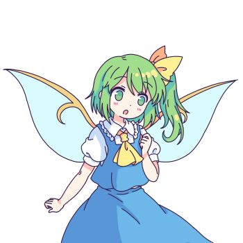1girl absurdres ascot blue_skirt blue_vest bow collared_shirt commentary daiyousei english_commentary fairy_wings frilled_shirt_collar frills green_eyes green_hair hair_bow highres long_hair one_side_up pioartstuff puffy_short_sleeves puffy_sleeves shirt short_sleeves skirt solo touhou transparent_background vest white_shirt wings yellow_ascot yellow_bow