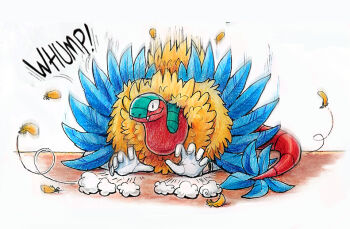 1boy archeops blue_feathers choochooboss feathers gen_5_pokemon gloves long_hair nintendo on_head pokemon pokemon_(creature) pokemon_on_head simple_background sound_effects tail white_background white_gloves