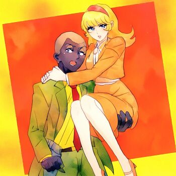 Rule 34 | 1girl, blonde hair, blue eyes, carrying, carrying person, coat, cyborg, cyborg 009, dark skin, francoise arnoul, green coat, hairband, hands on another's shoulders, highres, light blush, long hair, looking at viewer, orange coat, orange shoes, orange skirt, pyunma, red hairband, sariokisu, shirt, shoes, skirt, white shirt