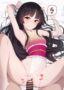 1boy 1girl armpits bar_censor bed black_hair blunt_bangs censored closed_mouth clothing_aside commentary_request from_above hetero highres hime_cut houraisan_kaguya imminent_penetration imminent_vaginal kozuka_yasushi leotard leotard_aside looking_at_viewer lying m_legs on_back penis pussy red_eyes smile solo_focus spread_legs touhou touhou_tag_dream wrestling_outfit