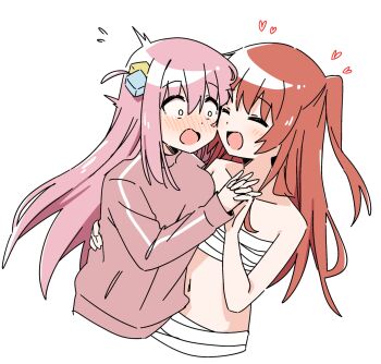 2girls bandages blush bocchi_the_rock! closed_eyes commentary cube_hair_ornament gotoh_hitori hair_ornament haru_(konomi_150) heart holding_hands interlocked_fingers jacket kita_ikuyo long_hair multiple_girls one_side_up open_mouth pink_hair pink_jacket red_hair sarashi simple_background smile track_jacket white_background yuri