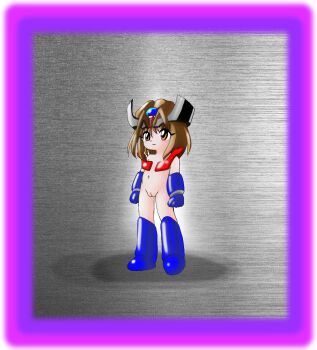 1999 1girl armor armored_boots armored_gloves blue_armor blue_boots blue_gloves boots brown_eyes brown_hair flat_chest gloves gonelson_(artist) grey_background headgear highres loli manoyuya_(artist) mazinger_(series) mazinger_z mazinger_z_(mecha) mecha_musume modeling navel nude nude_modeling personification pussy red_armor shoes short_hair smile standing