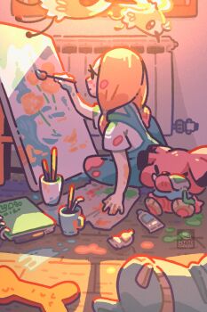 Rule 34 | closed eyes, commentary, cup, cutiefly, english commentary, fangs, flying, gen 2 pokemon, gen 7 pokemon, highres, holding, holding paintbrush, mina (pokemon), mug, nintendo, on floor, paint, paint in hair, paint on body, paint on clothes, paint splatter, paint splatter on face, paint stains, paint tube, paintbrush, painting (action), painting (object), petite echorizon, pokemon, pokemon (creature), pokemon lgpe, radiator, smile, snubbull