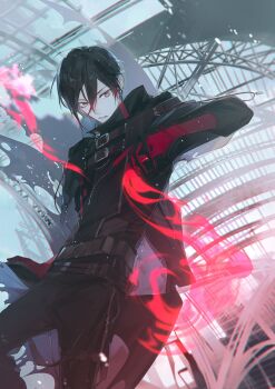 1boy absurdres asymmetrical_sidelocks ayn_alwyn ayn_alwyn_(eden) belt belt_buckle black_belt black_cloak black_gloves black_hair black_jacket black_pants buckle chinese_commentary cloak closed_mouth colored_tips cowboy_shot dome elbow_gloves fire gloves hair_between_eyes hand_up high_collar highres indoors jacket light_particles long_hair_between_eyes looking_at_viewer lovebrush_chronicles male_focus multicolored_hair multiple_belts nickel_nike pants parted_lips pyrokinesis red_eyes red_gloves red_hair short_hair sidelocks sideways_glance solo standing three-quarter_sleeves truss two-tone_gloves v-shaped_eyebrows