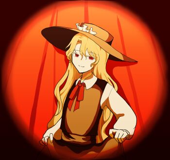 1girl absurdres blonde_hair brown_hat brown_skirt brown_vest commentary_request curtains hat hat_feather highres jacket_girl_(dipp) long_hair long_sleeves looking_at_viewer neck_ribbon red_eyes red_ribbon ribbon roripop1736145 shirt skirt skirt_hold smile solo touhou upper_body very_long_hair vest vignetting white_shirt