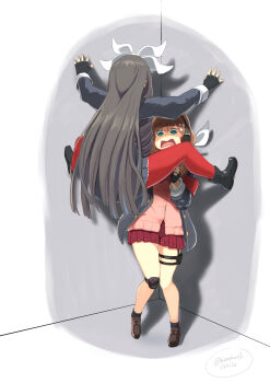 2girls cicada_block_(meme) corner fingerless_gloves girls'_frontline gloves highres howa_type_64_(girls'_frontline) howa_type_89_(girls'_frontline) kabedon kion-kun knee_pads meme multiple_girls pantyhose photo-referenced reference_work single_knee_pad thigh_strap twitter_username