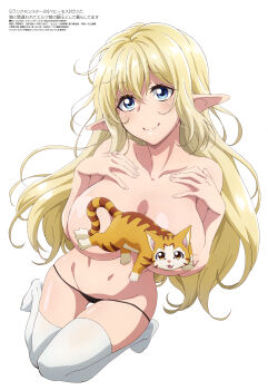 1girl abe_tomoyuki absurdres aria_(beheneko) black_panties blonde_hair blue_eyes breasts cat censored closed_mouth hands_on_own_chest highres huge_breasts long_hair looking_at_viewer magazine_scan megami_magazine navel official_art panties s-rank_monster_no_&quot;behemoth&quot;_dakedo_neko_to_machigawarete_elf_musume_no_pet_toshite_kurashitemasu scan simple_background smile thighhighs thighs topless_female underwear very_long_hair white_background white_thighhighs
