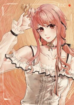 Rule 34 | 1girl, absurdres, bare shoulders, birthday, black bow, black ribbon, bow, bow choker, bowtie, brown eyes, buttons, center frills, chinese commentary, choker, closed mouth, clothing cutout, collarbone, commentary request, eyelashes, frilled shirt, frilled sleeves, frills, hair bow, hair ribbon, happy, hat, highres, infinity nikki, leer567325, light blush, lipstick, long hair, long sidelocks, long sleeves, looking at viewer, loose hair strand, low twintails, makeup, neck ribbon, nikki (nikki), nikki (series), orange background, palms, party hat, perfect start (infinity nikki), pink bow, pink bowtie, pink choker, pink hair, pink hat, pink lips, pointy nose, pom pom (clothes), print sleeves, puffy long sleeves, puffy sleeves, recording, ribbon, see-through clothes, see-through sleeves, shirt, shoulder cutout, sidelocks, single stripe, sleeves past wrists, smile, snowflake print, solo, striped bow, striped bowtie, striped choker, striped clothes, striped headwear, tress ribbon, twintails, upper body, viewfinder, wavy hair, white shirt, yellow ribbon