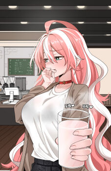1girl absurdres ahoge averting_eyes biting biting_finger black_eyes black_pants blush bra_visible_through_clothes breasts bright_pupils cardigan character_request choker collarbone commentary_request cup double-parted_bangs drink dungeon_and_fighter embarrassed fingernails glass grey_cardigan hair_between_eyes hand_to_own_mouth hand_up highres holding holding_cup huge_ahoge indoors knight_(dungeon_and_fighter) korean_commentary large_breasts lightbringer_(dungeon_and_fighter) long_bangs long_hair long_sleeves multicolored_hair nose_blush open_cardigan open_clothes pants pink_hair pov red_choker roan_green shirt shirt_tucked_in solo star-shaped_pupils star_(symbol) streaked_hair symbol-shaped_pupils t-shirt translation_request upper_body very_long_hair wavy_hair white_pupils white_shirt white_streaks wooden_floor