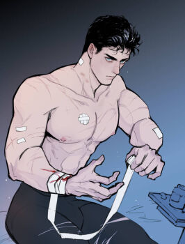 1boy abs arms_up bandages bara batman_(series) black_hair black_pants blood bloody_bandages blue_eyes bottle bruce_wayne chinese_commentary collarbone commentary_request dc_comics gauze holding holding_bandages invisible_chair male_focus muscular muscular_male navel nipples pants pectorals short_sideburns sideburns sitting solo table topless_male xxsanwenyu