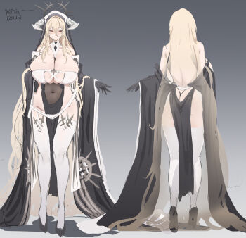 1girl absurdres ass azur_lane bare_shoulders black_gloves black_veil blonde_hair breasts cleavage commentary english_commentary facing_away fake_horns from_behind front_and_back full_body gloves hair_between_eyes height highres horns hth5k huge_breasts implacable_(azur_lane) long_hair looking_at_viewer multiple_views nun pelvic_curtain red_eyes revealing_clothes solo standing straight-on tall_female thighhighs veil very_long_hair white_horns white_thighhighs