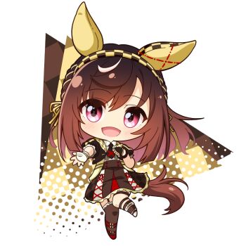 1girl :d animal_ears asymmetrical_footwear asymmetrical_gloves asymmetrical_legwear black_gloves black_jacket black_skirt brown_hair brown_socks brown_thighhighs buena_vista_(heroina_inocente)_(umamusume) buena_vista_(umamusume) checkered_hairband chibi collared_shirt commentary_request cropped_jacket fingerless_gloves full_body gloves hairband horse_ears horse_girl horse_tail jacket looking_at_viewer mismatched_footwear mismatched_gloves mismatched_legwear open_clothes open_jacket open_mouth red_eyes red_shoes shachoo. shirt shoes skirt smile socks solo tail thighhighs umamusume white_gloves white_shirt white_shoes