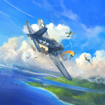 a6m_zero absurdres aerial_battle aircraft airplane battle blue_sky cloud commentary dogfight english_commentary f4u_corsair fire flying highres island julien_lepelletier military_vehicle ocean original outdoors propeller_fighter roundel scenery shot_down sky smoke vehicle_focus world_war_ii