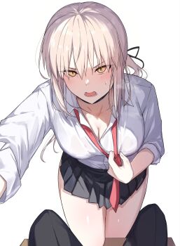 1girl artoria_pendragon_(fate) black_ribbon black_skirt blonde_hair breasts choker cleavage collared_shirt commentary_request fate/grand_order fate_(series) hair_ribbon highres jacket long_hair long_sleeves looking_at_viewer low_ponytail medium_breasts natu_zame ponytail revision ribbon saber_alter shirt sidelocks skirt solo_focus white_shirt yellow_eyes