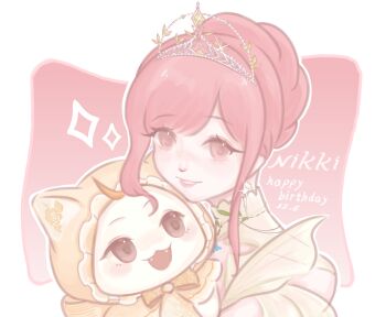 Rule 34 | 1girl, 47 (lofter 4761821021), animal, bare shoulders, border, bow, bowtie, brown eyes, cat, character name, chin rest, chinese commentary, cloak, clothed animal, clothing cutout, commentary request, dated, detached collar, dress, ear covers, earrings, english text, eyelashes, feather earrings, feathers, floral print, frilled cloak, frilled hood, frills, glint, hair bun, happy, happy birthday, head on head, head rest, high collar, highres, holding, holding animal, holding cat, hood, hood up, hooded cloak, infinity nikki, jewelry, light blush, lipstick, makeup, melody bloom (infinity nikki), momo (nikki), nikki (nikki), nikki (series), nostrils, official alternate costume, orange bow, orange bowtie, outline, outside border, parted lips, pink hair, pink lips, print bow, print bowtie, print hood, rose print, short hair with long locks, short sleeves, shoulder cutout, sidelocks, single hair bun, smile, sparkle, tiara, updo, upper body, white border, white cat, white outline, yellow cloak, yellow collar, yellow dress