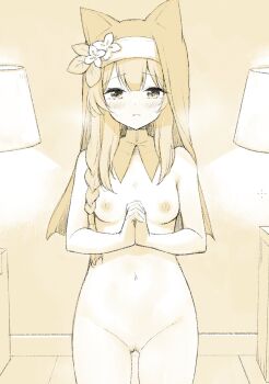 1girl blue_archive blush braid breasts cleft_of_venus coif commentary_request completely_nude cowboy_shot dot_nose double-parted_bangs flower guimpe hair_over_shoulder highres indoors interlocked_fingers lamp long_hair looking_at_viewer low-braided_long_hair low-tied_long_hair mari_(blue_archive) medium_breasts minase_shuu monochrome navel nipples nude orange_theme own_hands_together parted_lips pussy solo standing stomach straight-on sweatdrop