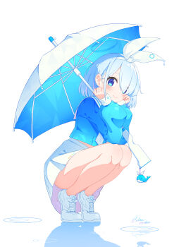 1girl absurdres arona_(blue_archive) artist_name blue_archive blue_eyes blue_hair blue_shirt blue_umbrella blunt_bangs blush bob_cut bow bow_hairband charm_(object) closed_mouth colored_inner_hair commentary_request cross-laced_shoes dripping from_side full_body hair_over_one_eye hairband halo hands_on_own_cheeks hands_on_own_face hands_up head_rest highres holding holding_umbrella iori_(nanonamuco) legs legs_together long_sleeves looking_at_viewer medium_hair midriff_peek miniskirt multicolored_hair neckerchief over_shoulder pink_hair playstation_symbols pleated_skirt puddle puffy_long_sleeves puffy_sleeves ribbon sailor_collar school_uniform serafuku shadow shirt shoes signature simple_background skirt sleeve_cuffs sleeves_past_wrists smile sneakers solo squatting straight_hair tiptoes two-tone_hair umbrella whale white_bow white_hairband white_neckerchief white_ribbon white_sailor_collar white_shoes white_skirt white_umbrella