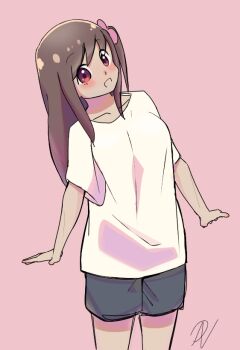 1girl blush brown_hair commentary distortion_null flower hair_flower hair_ornament happy hitori_bocchi hitoribocchi_no_marumaru_seikatsu long_hair looking_at_viewer open_mouth shirt smile white_shirt