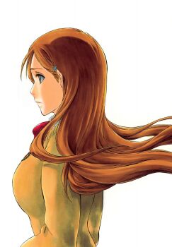 Rule 34 | 1girl, bleach, breasts, brown eyes, closed mouth, female focus, hair ornament, hairclip, inoue orihime, karakura high school uniform, kubo tite, large breasts, long hair, official art, orange hair, red ribbon, ribbon, simple background, snowflake hair ornament, upper body, white background