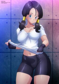 Rule 34 | 1girl, absurdres, bike shorts, black bike shorts, black gloves, black hair, blue eyes, blush, breasts, cleavage, clothes lift, collarbone, dragon ball, dragonball z, fingerless gloves, gloves, hair tubes, highres, large breasts, long hair, looking at viewer, low twintails, navel, shirt, shirt lift, short sleeves, smile, standing, twintails, videl, white shirt, zel-sama