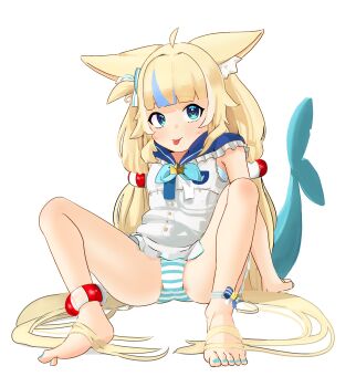 1girl absurdres ahoge animal_ear_fluff animal_ears arm_support blonde_hair blue_eyes blue_nails blue_sailor_collar cat_ears closed_mouth dai_roku_ten_mao feet fins fish_girl fish_tail flat_chest full_body highres indie_virtual_youtuber leaning_back loli long_hair looking_at_viewer m_legs panties pantyshot sailor_collar sameko_saba shirt sleeveless sleeveless_shirt spread_legs striped_clothes striped_panties tail tongue tongue_out twintails underwear very_long_hair virtual_youtuber white_background white_shirt