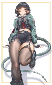 1girl absurdres animal_ears black_gloves black_hair black_shorts breasts fangxiang_cuoluan fingerless_gloves fur-trimmed_jacket fur_trim garter_straps gloves green_eyes green_jacket highres jacket jane_doe_(zenless_zone_zero) large_breasts long_hair looking_at_viewer mouse_ears mouse_girl mouse_tail multicolored_hair red_hair shorts single_garter_strap single_thighhigh smile solo tail thick_thighs thighhighs thighs zenless_zone_zero