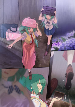 2girls ;d bag black_socks blurry blurry_foreground boots bow bowtie bra bra_visible_through_clothes brown_footwear film_grain floating_hair flower green_eyes green_hair gulim highres higurashi_no_naku_koro_ni holding holding_bag hydrangea improvised_umbrella index_finger_raised kneehighs loafers long_hair multiple_girls one_eye_closed open_mouth outdoors outstretched_arm ponytail rain running school_bag see-through_clothes shirt shoes siblings sisters smile socks sonozaki_mion sonozaki_shion split_screen striped_bow striped_bowtie striped_clothes striped_neckwear twins underwear very_long_hair walking wavy_mouth wet wet_clothes wet_shirt