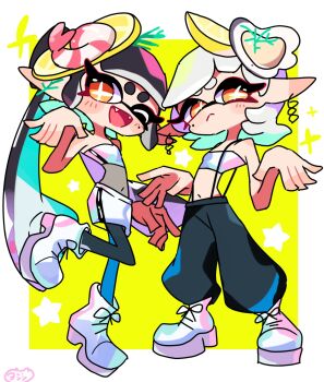 +_+ 2girls :&lt; black_hair black_pants black_pantyhose border bow-shaped_hair callie_(splatoon) cousins crop_top food food_on_head full_body highres inkling long_hair looking_at_viewer marie_(splatoon) mole mole_under_eye multiple_girls navel nintendo object_on_head official_alternate_costume one_eye_closed open_mouth oyster pants pantyhose pointy_ears purple_hair shirt shoes shrimp_hair_ornament simple_background splatoon_(series) splatoon_1 standing star_(symbol) suspenders tentacle_hair white_border white_hair white_shirt white_shoes yellow_background yellow_eyes yoshishi_(yosisitoho)
