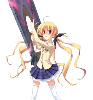 1girl antenna_hair black_bow blazer blonde_hair bow bowtie breasts brown_eyes brown_jacket chaos;head collared_shirt crazy_eyes crazy_smile d-sword dress_shirt game_cg glowing glowing_sword glowing_weapon hair_bow hands_up holding holding_sword holding_weapon huge_weapon imminent_attack jacket looking_at_viewer matsuo_yukihiro miniskirt non-web_source official_art orihara_kozue partially_shaded_face petticoat plaid_bow plaid_bowtie plaid_clothes plaid_skirt purple_bow purple_bowtie school_uniform science_adventure shirt skirt small_breasts smile solo sprite suimei_academy_school_uniform sword thighhighs transparent_background twintails weapon white_shirt white_thighhighs winter_uniform zettai_ryouiki