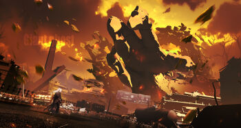 1girl absurdres bare_tree black_kimono building car cloud commentary_request destruction dutch_angle english_text giant highres holding holding_sword holding_weapon japanese_clothes katana kimono lifeline_(a384079959) long_hair motor_vehicle original outdoors ponytail road road_sign scenery sign sky sword tree truck warm_colored watermark weapon white_hair yellow_sky