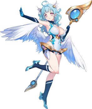 1girl angel angel_wings breasts choukou_(alicesoft) choukou_taisen_escalation_heroines cleavage covered_navel elbow_gloves gloves highres holding holding_staff large_breasts leg_up min-naraken official_art outstretched_arm pink_eyes polaris_(escalation_heroine) solo staff tachi-e thighs wings