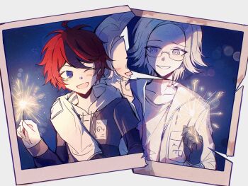 2boys :d absurdres ahoge aotsuki_eito arm_over_shoulder black_gloves black_streaks blue_eyes chinese_commentary collarbone commentary fireworks glasses gloves grey_eyes grey_hair grey_jacket grin highres holding holding_fireworks hood hoodie jacket jacket_over_hoodie looking_at_another male_focus mizongwenwu multicolored_hair multiple_boys no_eyes open_clothes open_jacket open_mouth red_hair shirt short_hair sleeve_pouch smile sparkler streaked_hair sumino_takumi the_hundred_line_-last_defense_academy- torn_photo white_hoodie white_jacket white_shirt