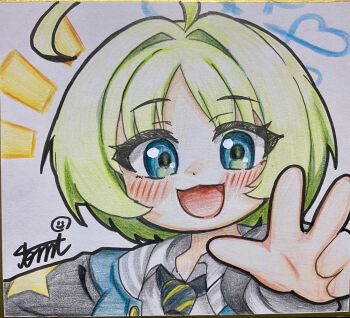 1girl absurdres ahoge blue_archive blush commentary_request green_hair highres looking_at_viewer necktie ritsu_(blue_archive) shikishi solo tomimon traditional_media