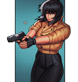 1girl absurdres black_gloves black_hair black_pants blue_eyes fingerless_gloves ghost_in_the_shell gloves gun handgun highres holding holding_gun holding_weapon jacket kusanagi_motoko medium_hair pants solo vj99 weapon yellow_jacket