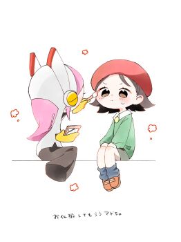 2girls adeleine applying_makeup beret black_hair commentary_request green_sweater grey_skirt hat highres holding holding_brush holding_makeup_brush kirby_(series) looking_at_another makeup_brush multiple_girls nintendo nvdtc0sard32020 pink_hair rayman_limbs sitting skirt susie_(kirby) sweatdrop sweater translated