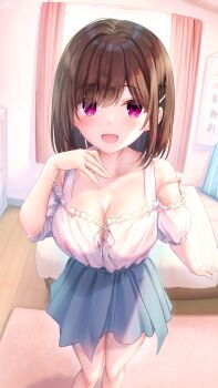 1girl :d bed blue_skirt blush bra breasts brown_hair childhood_friend-chan_(ramchi) cleavage collarbone curtains frilled_shirt frills hair_ornament highres indoors large_breasts looking_at_viewer medium_hair open_mouth original ramchi see-through_clothes see-through_shirt shirt short_sleeves skirt smile standing straight_hair strap_slip sweat swept_bangs thighs underwear window x_hair_ornament
