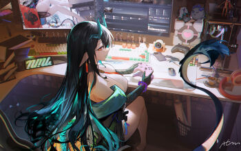 1girl aqua_horns arknights ass bare_shoulders black_hair breasts colored_skin computer_keyboard computer_mouse controller dragon_girl dragon_horns dragon_tail dress dusk_(arknights) earrings eastern_dragon_tail game_controller green_horns green_skin headphones holding horns jewelry large_breasts long_hair looking_at_viewer looking_back monitor multicolored_hair necktie nixie_tube off_shoulder omone_hokoma_agm pointy_ears portal portal_(series) portal_2 red_eyes science_adventure sitting sleeveless solo steins;gate streaked_hair tail tassel white_dress