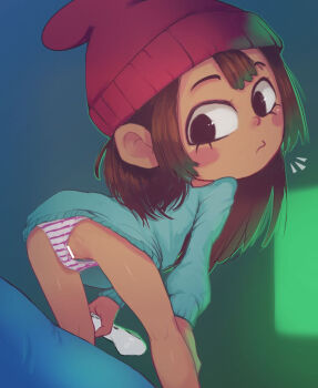 1girl ass bar_censor beanie bent_over black_eyes blue_sweater blush brown_hair censored clothing_aside conoghi controller from_behind hat holding holding_remote_control lily_pak loli long_hair long_sleeves looking_at_viewer looking_back nickelodeon oversized_clothes oversized_sweater panties panties_aside pillow pussy red_hat remote_control standing striped_clothes striped_panties sweater television underwear white_panties wylde_pak