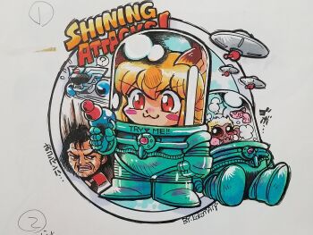 1boy 1girl :3 ? air_bubble animal_ears artist_name black_eyes black_hair blonde_hair bubble changerion chibi chibi_only choukou_senshi_changerion commentary_request crime_crackers crossover energy_gun english_text enkuu_(crime_crackers) fish flying_saucer fox_ears fox_girl gun handgun helmet here&#039;s_johnny!_(meme) highres holding holding_gun holding_weapon jack_torrance kokomahi leaza_(crime_crackers) mars_attacks! meme mixed-language_text monkey multiple_crossover open_mouth ray_gun red_eyes short_hair sound_effects space_helmet spacecraft spacesuit speech_bubble spoken_question_mark standing the_shining tokusatsu traditional_media translated ufo weapon