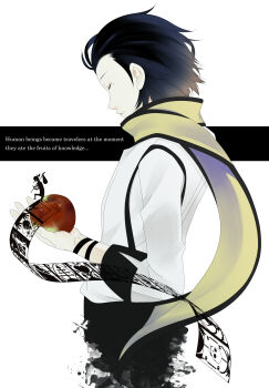1boy apple black_hair black_pants closed_eyes closed_mouth commentary commentary_request cowboy_shot death_(tarot) english_commentary english_text food from_side fruit hair_slicked_back highres holding holding_food holding_fruit male_focus medium_hair mixed-language_commentary mochizuki_ryouji mole mole_under_eye nakahara_0115 pants persona persona_3 scarf shirt simple_background sleeve_cuffs solo suspenders tarot the_emperor_(tarot) the_fool_(tarot) the_hanged_man_(tarot) the_hierophant_(tarot) the_high_priestess_(tarot) the_lovers_(tarot) the_magician_(tarot) watercolor_effect white_background white_shirt yellow_scarf