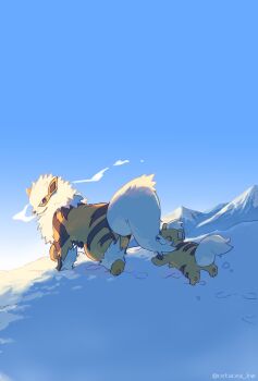 Rule 34 | arcanine, biting another's tail, blue sky, breath, cetacea kw, closed mouth, evolutionary line, fluff, full body, gen 1 pokemon, growlithe, highres, looking back, mountain, nintendo, no humans, orange fur, outdoors, pokemon, pokemon (creature), sky, snow, sunrise, tail, twitter username