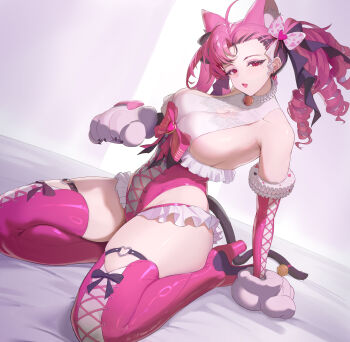 1girl absurdres animal_ears boots breasts cat_ears cat_girl cat_tail claws drill_hair dutch_angle five-core_fish_(xronf) highres looking_at_viewer open_mouth original pink_boots pink_eyes pink_hair revealing_clothes smile solo tail thick_thighs thighs
