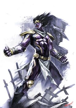 2boys armor artist_name belt bilingual_commentary black_boots black_gloves black_hair boots clenched_hands closed_mouth colored_skin commentary diamond_wa_kudakenai fingerless_gloves floating_hair forehead_protector gloves gold_armor gold_belt hat highres jojo_no_kimyou_na_bouken knee_pads kuujou_joutarou loincloth looking_at_viewer male_focus mixed-language_commentary multiple_boys muscular muscular_male naratani open_mouth painterly pelvic_curtain purple_eyes purple_skin purple_theme rubble short_hair shoulder_armor signature stand_(jojo) standing star_platinum uneven_footing white_hat