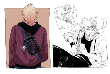 Rule 34 | 2boys, antenna hair, arm tattoo, black bag, black tank top, blonde hair, braid, character charm, charm (object), chest tattoo, commentary request, facial tattoo, gradient hair, highres, holding, holding phone, honkai: star rail, honkai (series), hood, hood down, hooded jacket, jacket, jewelry, kbutstrhy, male focus, medium hair, multicolored hair, multiple boys, mydei (honkai: star rail), necklace, open clothes, open jacket, parted bangs, phainon (honkai: star rail), phone, red hair, red jacket, red tattoo, short hair, side braid, sweater, tank top, tattoo, turtleneck, turtleneck sweater, yellow eyes