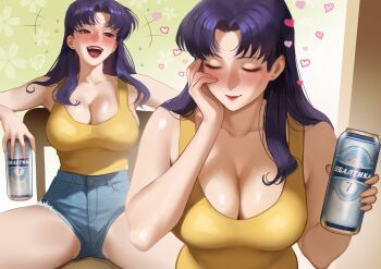 1girl alcohol bare_shoulders beer beer_can blue_shorts blush breasts can chair cleavage closed_eyes commentary cutoffs denim denim_shorts drink_can drunk earrings hair_behind_ear hand_on_own_cheek hand_on_own_face heart highres holding holding_can jewelry katsuragi_misato kirani large_breasts long_hair multiple_views neon_genesis_evangelion open_mouth parted_bangs purple_eyes purple_hair shirt_tucked_in short_shorts shorts sitting smile stud_earrings symbol-only_commentary tank_top translation_request yellow_tank_top